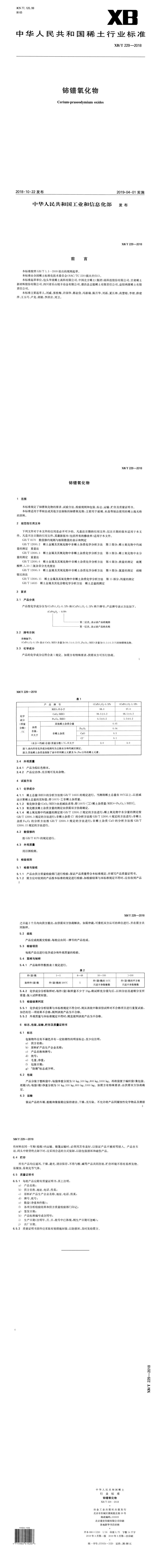 XB_T 229-2018 铈镨氧化物