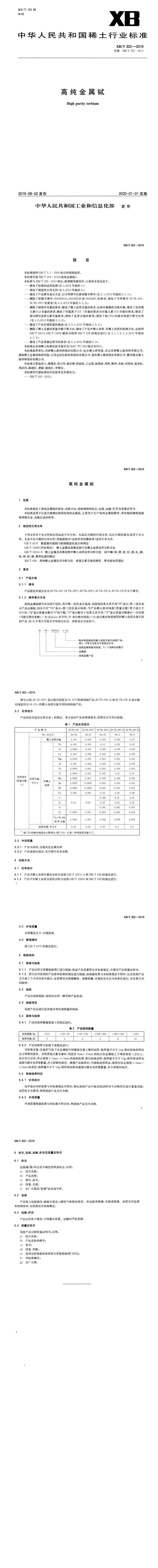 XB_T 302-2019 高纯金属铽