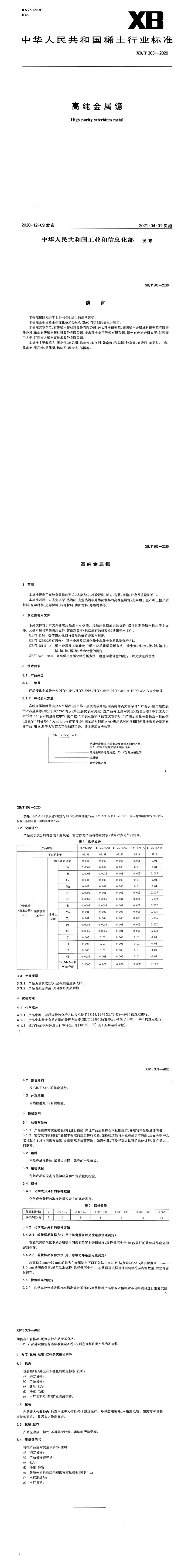 XB_T 303-2020 高纯金属镱